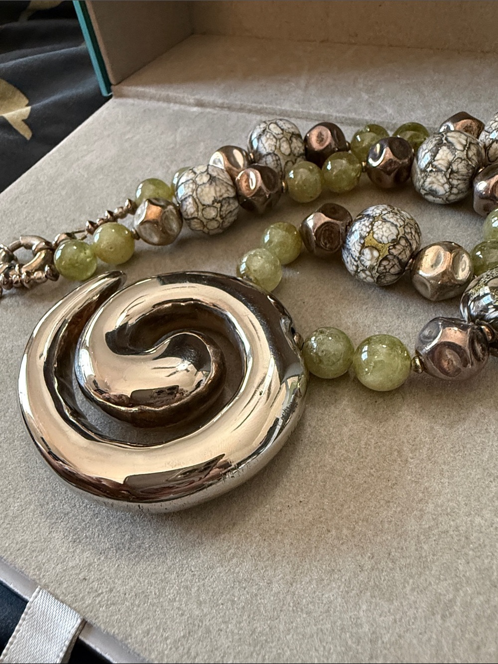 Artisan Sterling Silver Spiral Necklace with Aventurine, Glass, lamp work beads - Picture 10 of 11